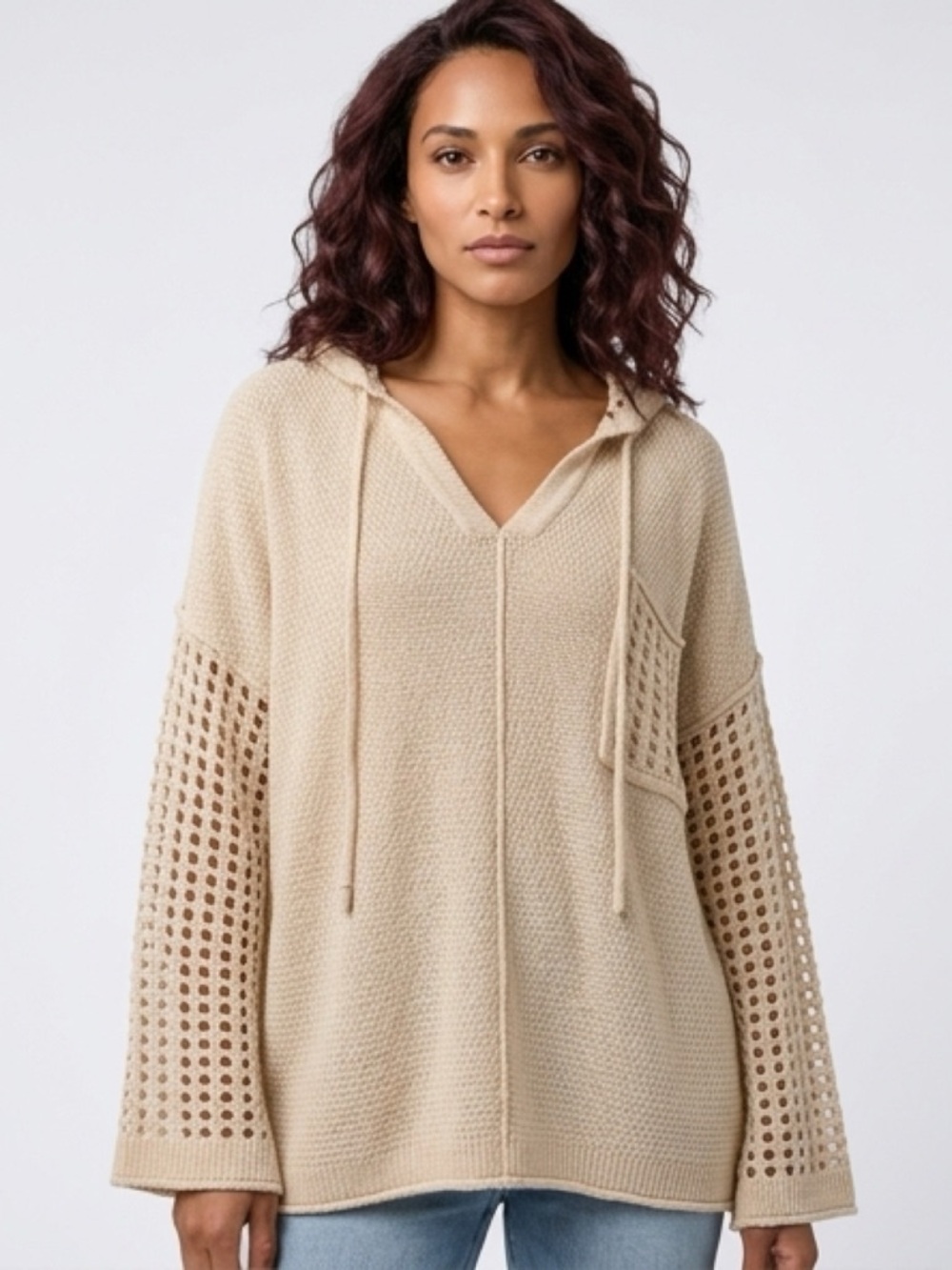 BEIGE V-NECK LIGHTWEIGHT HOODIE KNIT SWEATER